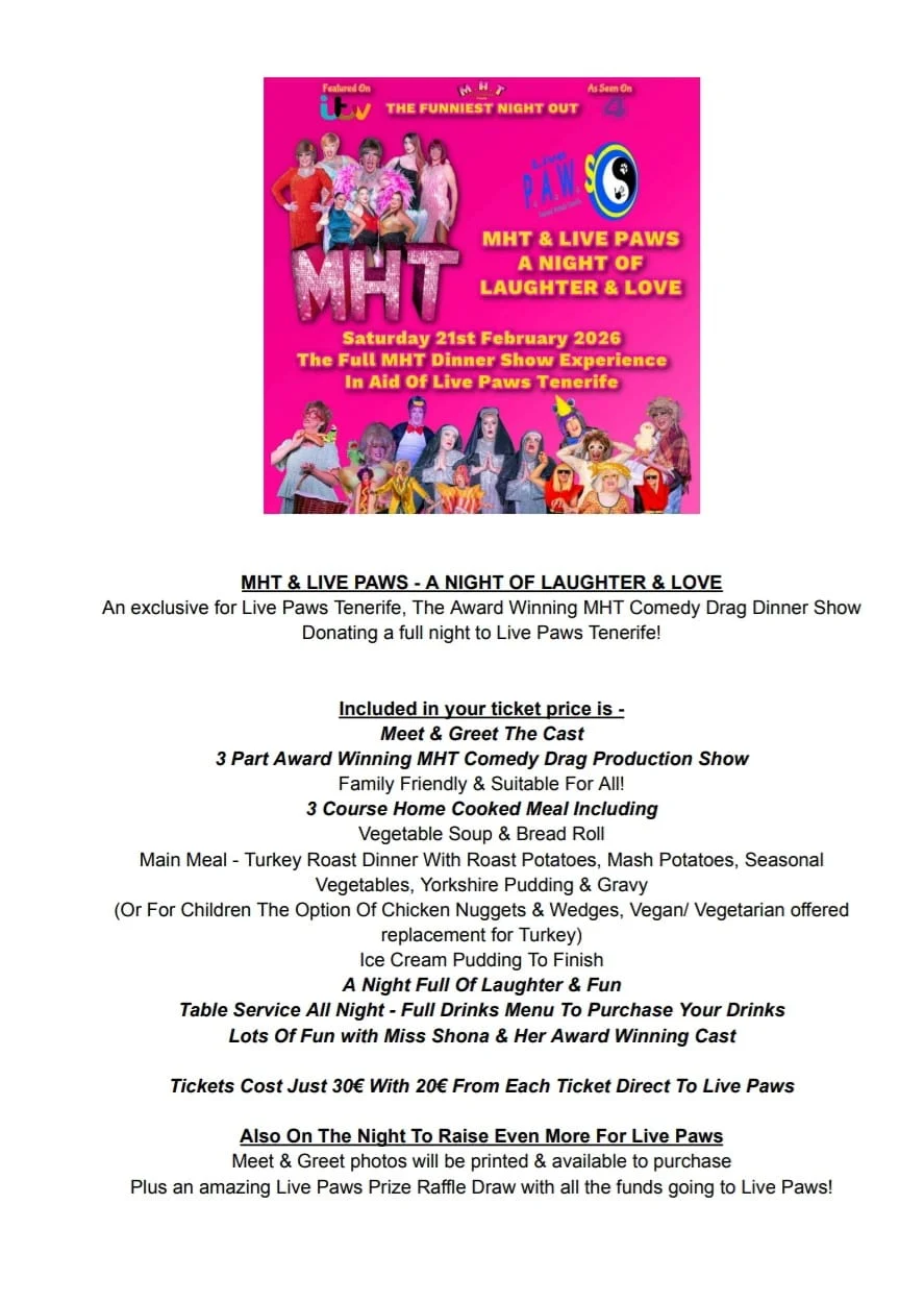 MHT x Live Paws – A Night of Laughter & Love - Live Paws news, Tenerife dog rescue