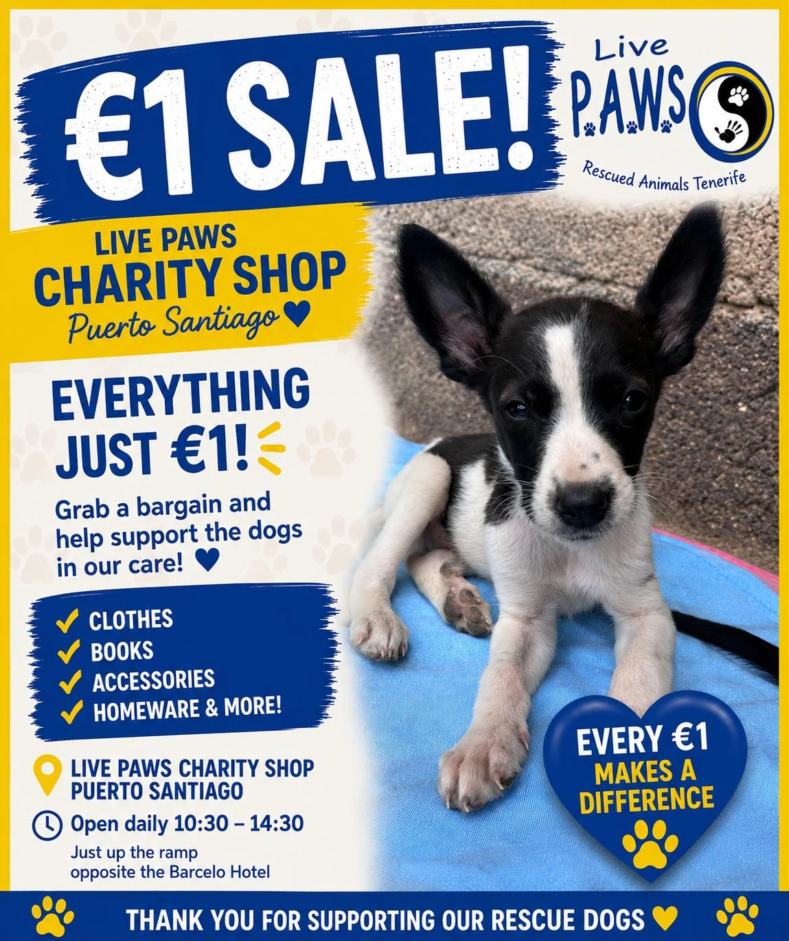 €1 Sale Monday 7th September, Puerto Santiago Charity Shop